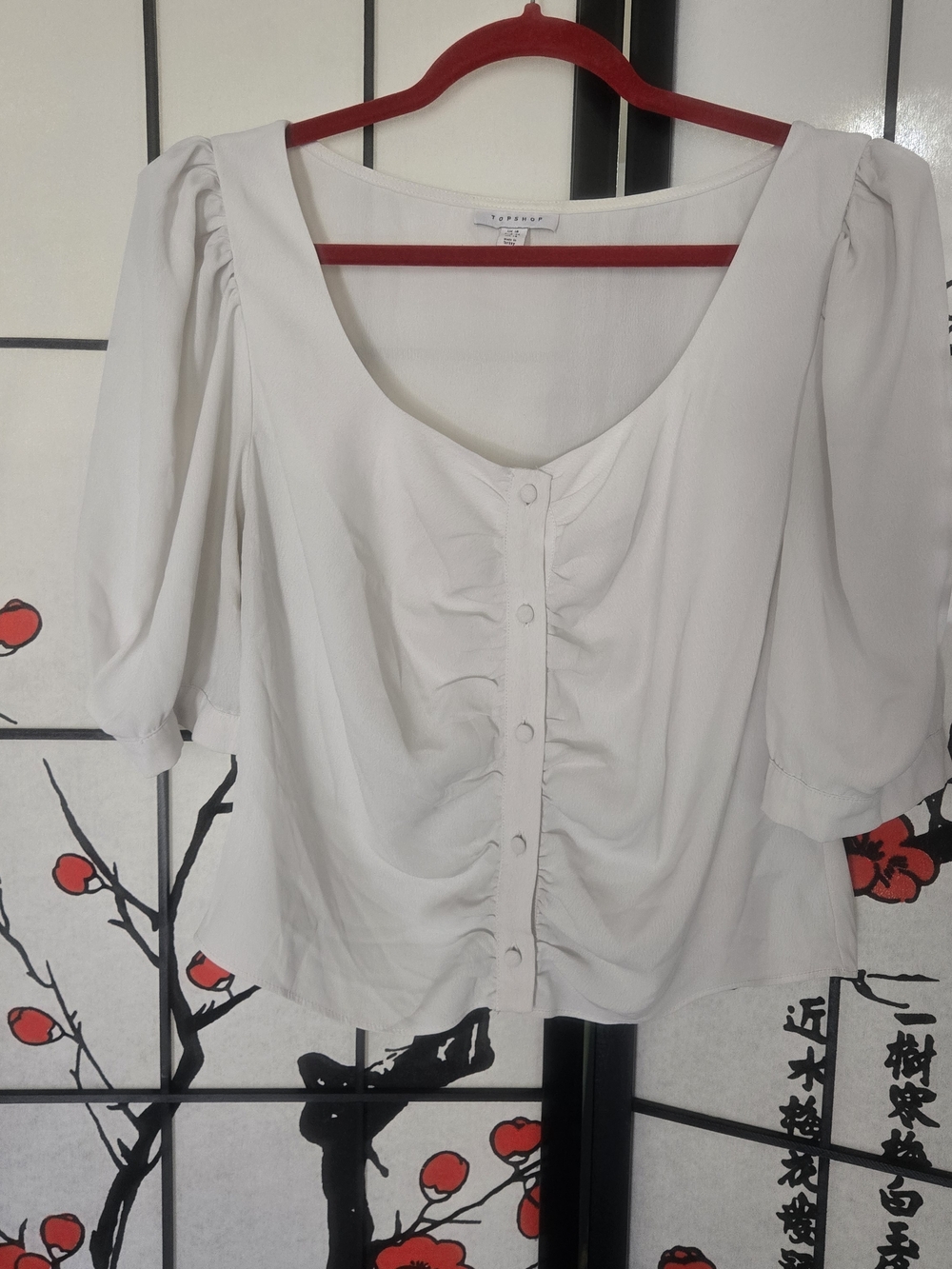 Topshop White Ruched Button Scoop-Neck Blouse